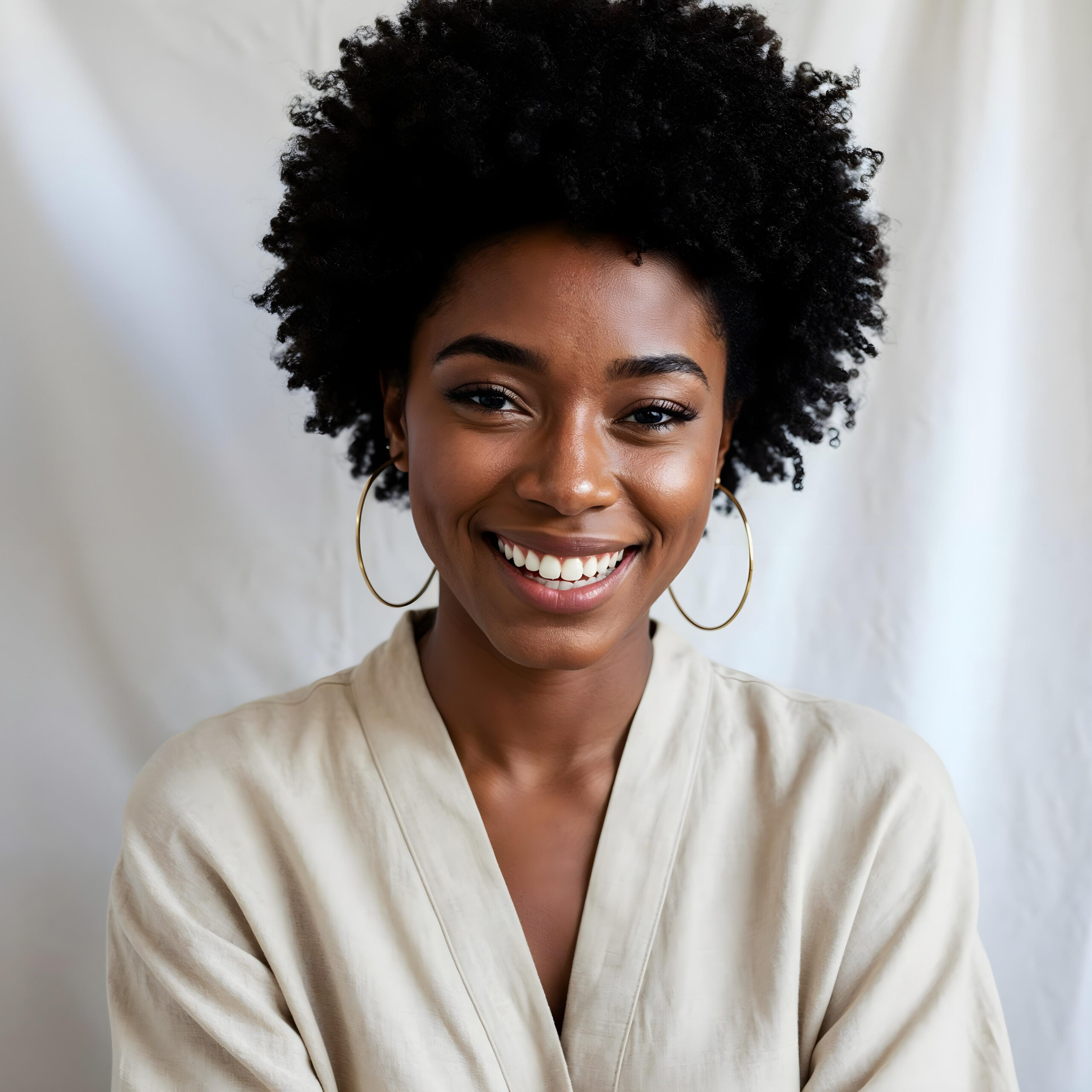smiling black woman with curly hair hoop earrings