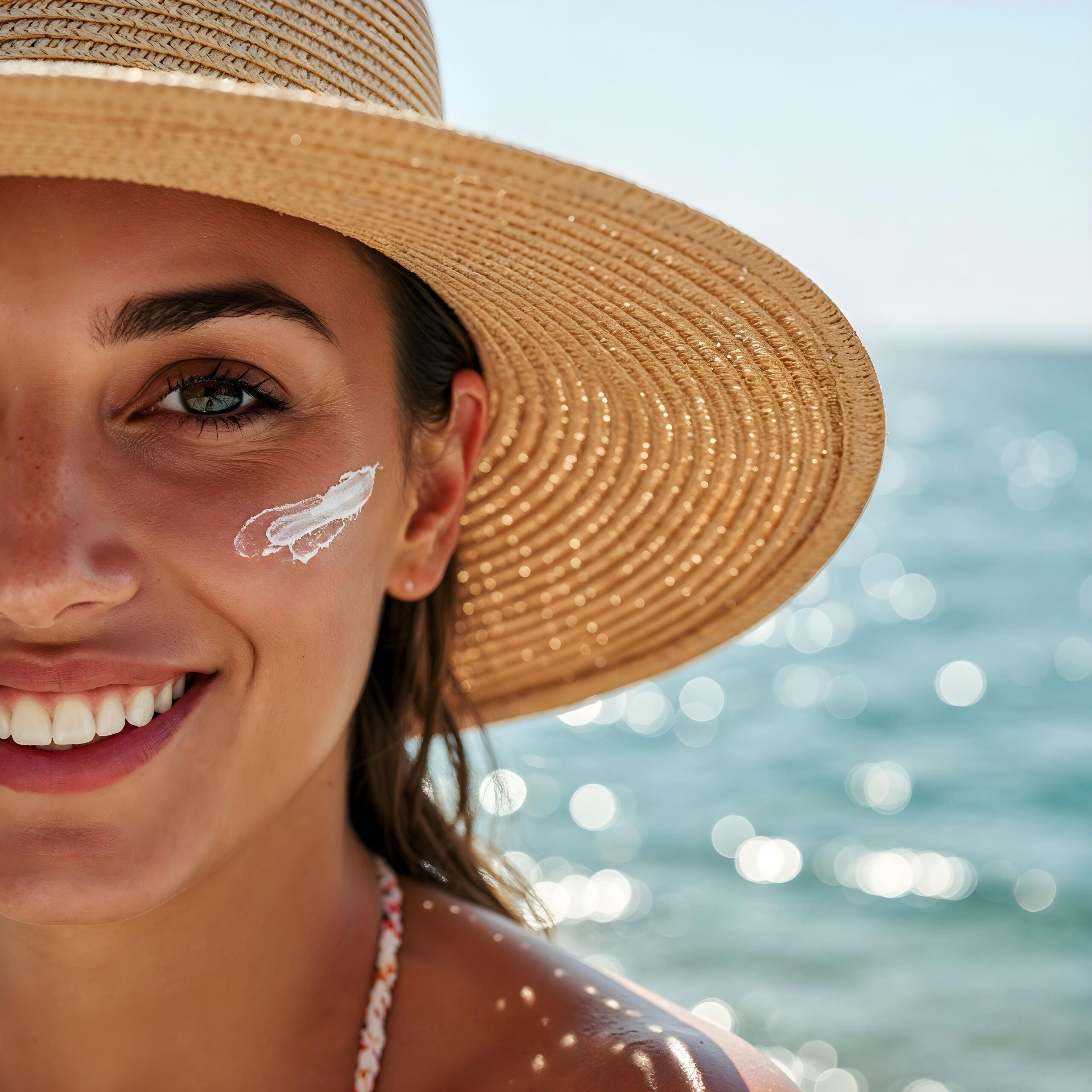 woman applying sunscreen beach summer skincare