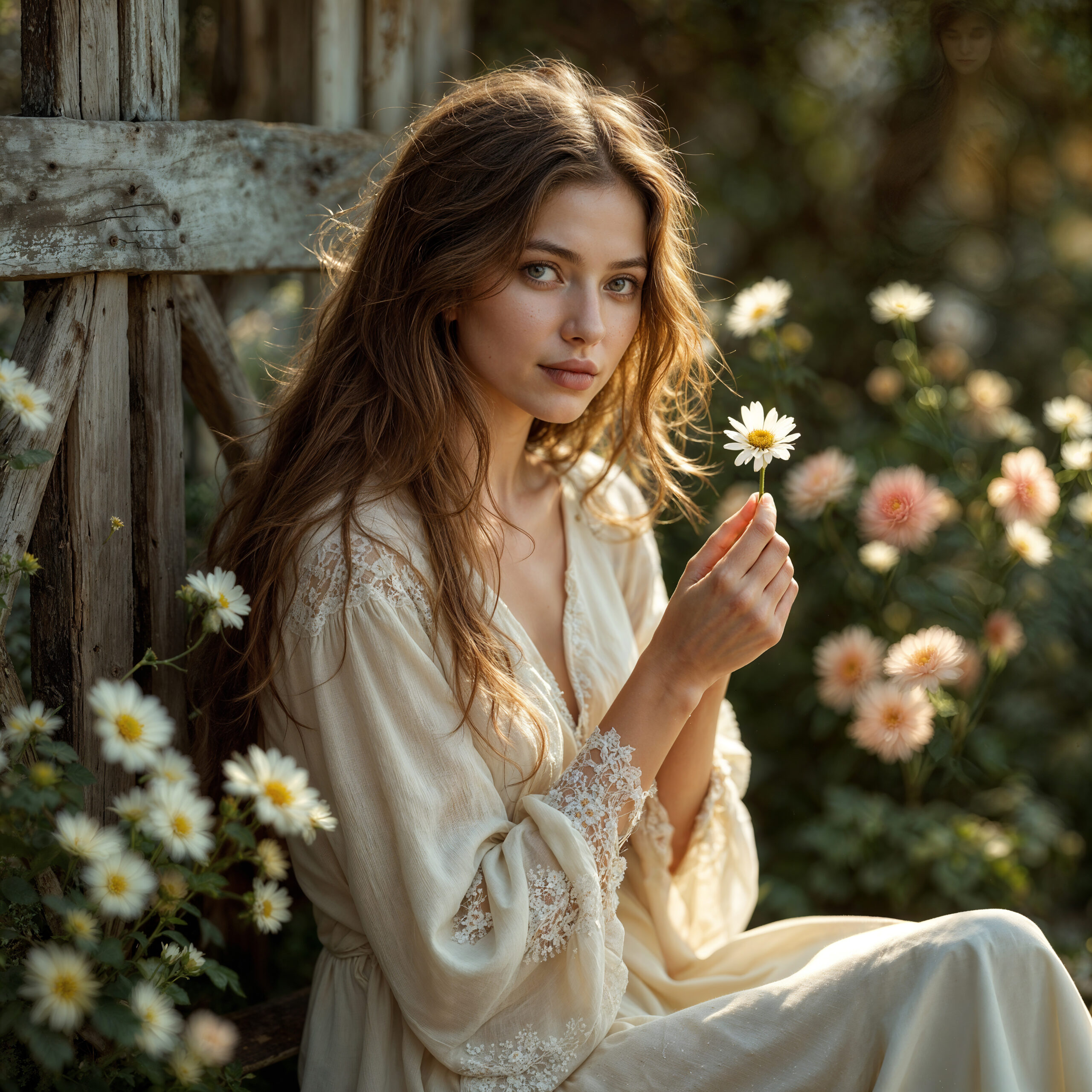 young woman holding daisy serene garden